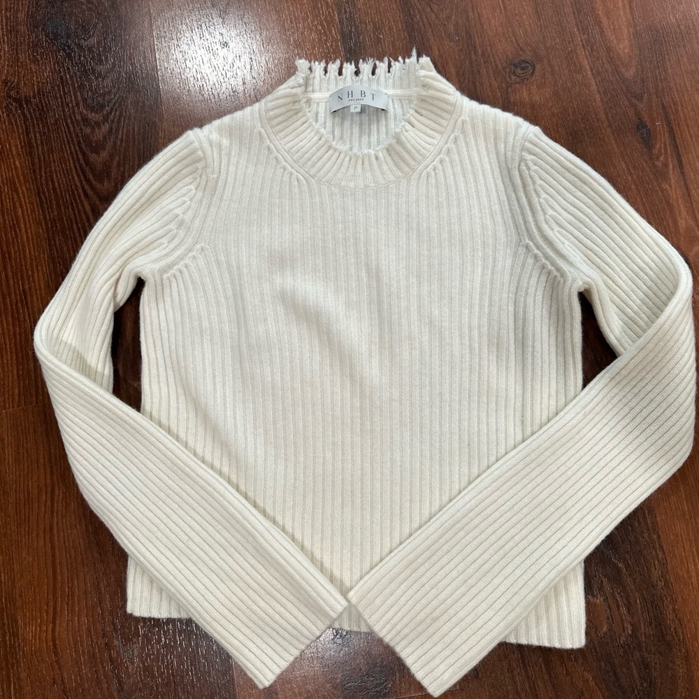 NHBT Cashmere Wool blend distressed knitted Cream Ribbed Sweater size S